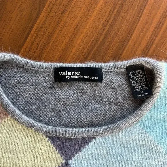 90s Vintage Valerie Stevens Wool Cashmere Rabbit Argyle Pastel Sweater Size M - Picture 3 of 7